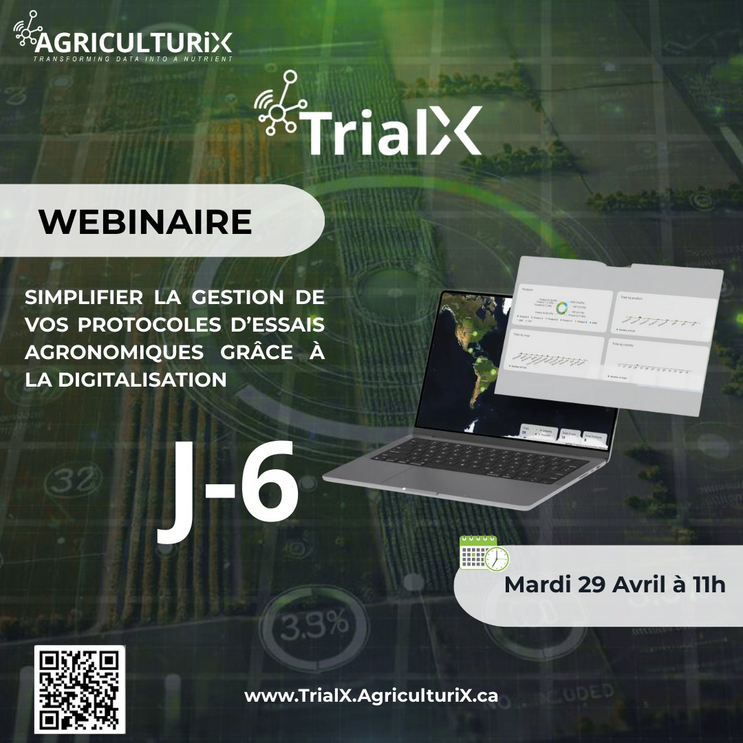 🚨 Plus qu’1 semaine !
📅 Rejoignez le webinaire TrialX – Lundi 29/04 à 11h (GMT+1)
🔍 Standardisation, centralisation &amp; analyse simplifiée des essais agronomiques
🎯 Démo live + cas concrets
📩 Inscription : forms.office.com/r/1NYrAU5E6H
#TrialX #AgTech #AgriculturiX #AgriInnovation