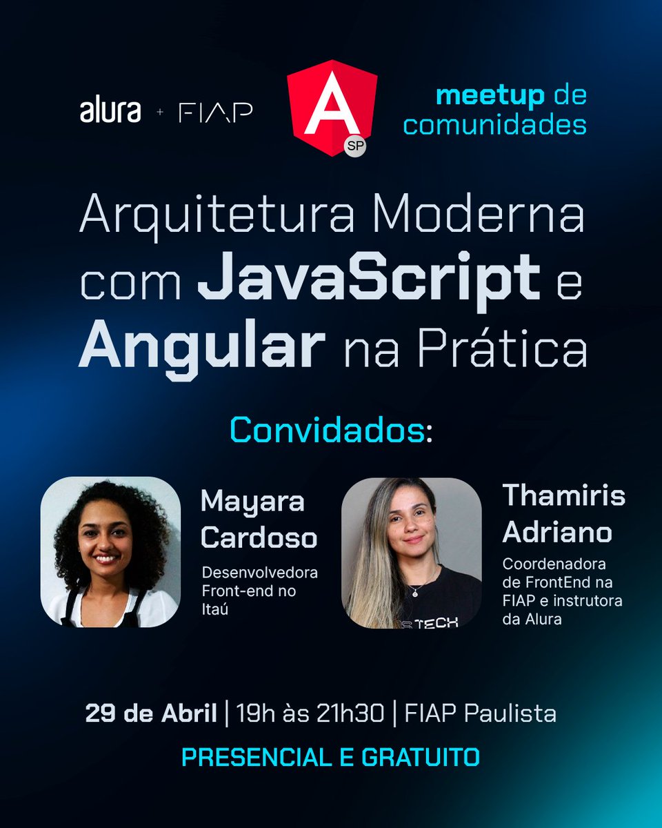 AngularSP's tweet image. Nosso próximo Meetup do AngularSP será PRESENCIAL 🤩
Acontecerá na FIAP Paulista, na próxima terça-feira (29/04) às 19h!!!
Confesso que está IMPERDÍVEL🚀
📌 Confira a programação e garanta seu lugar no link abaixo:
sympla.com.br/evento/meetup-…