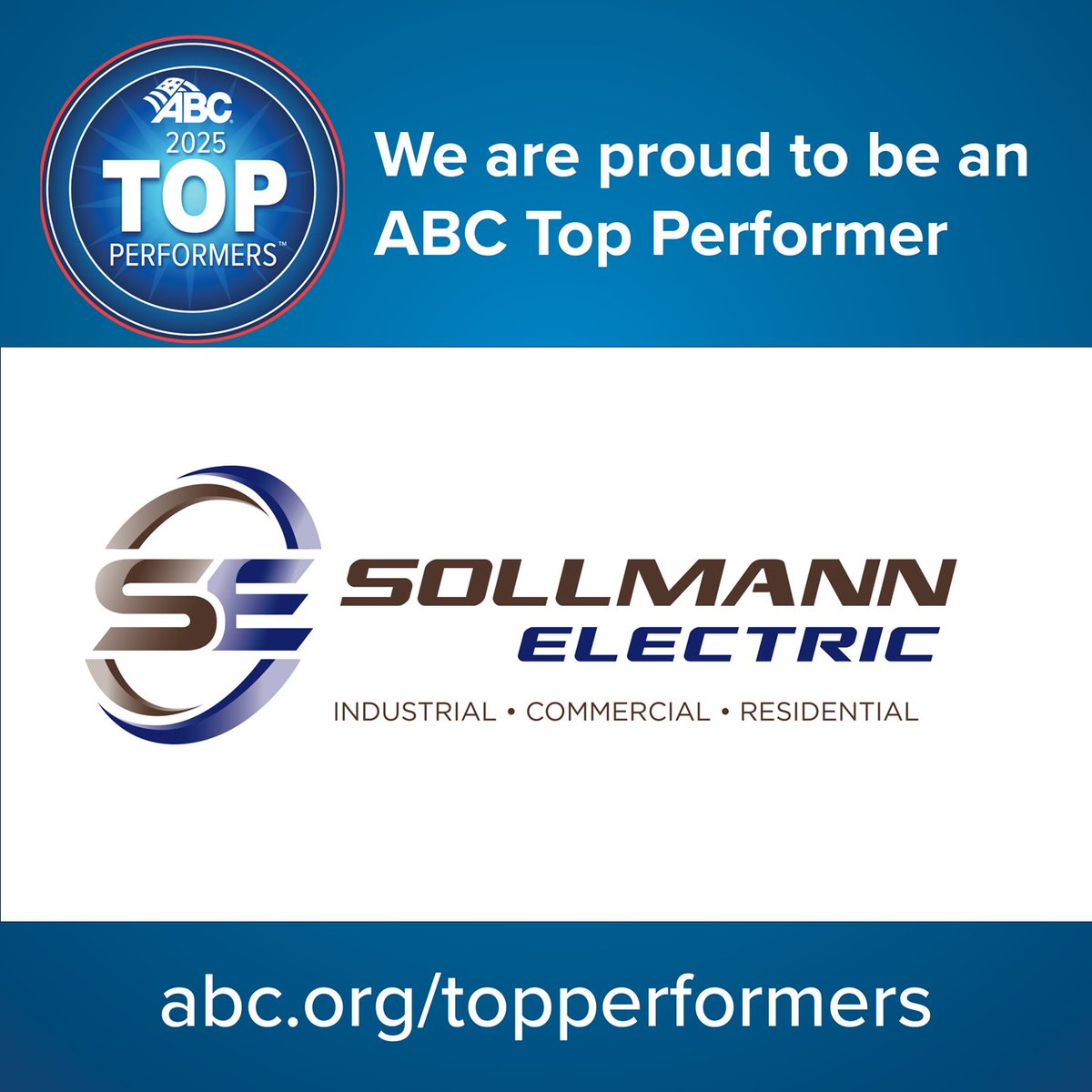 SollmannCo's tweet photo. Sollmann Electric is an @ABCNational  2025 Top Performer! We are proud for our achievements in safety, quality, merit and project excellence.  This is our 6th year being honored as an ABC Top Performer!
#ABCMeritShopProud #electrical #contractor  #ABCTopPerformer #ABCAQC https://t.co/2TnxGrvd8T