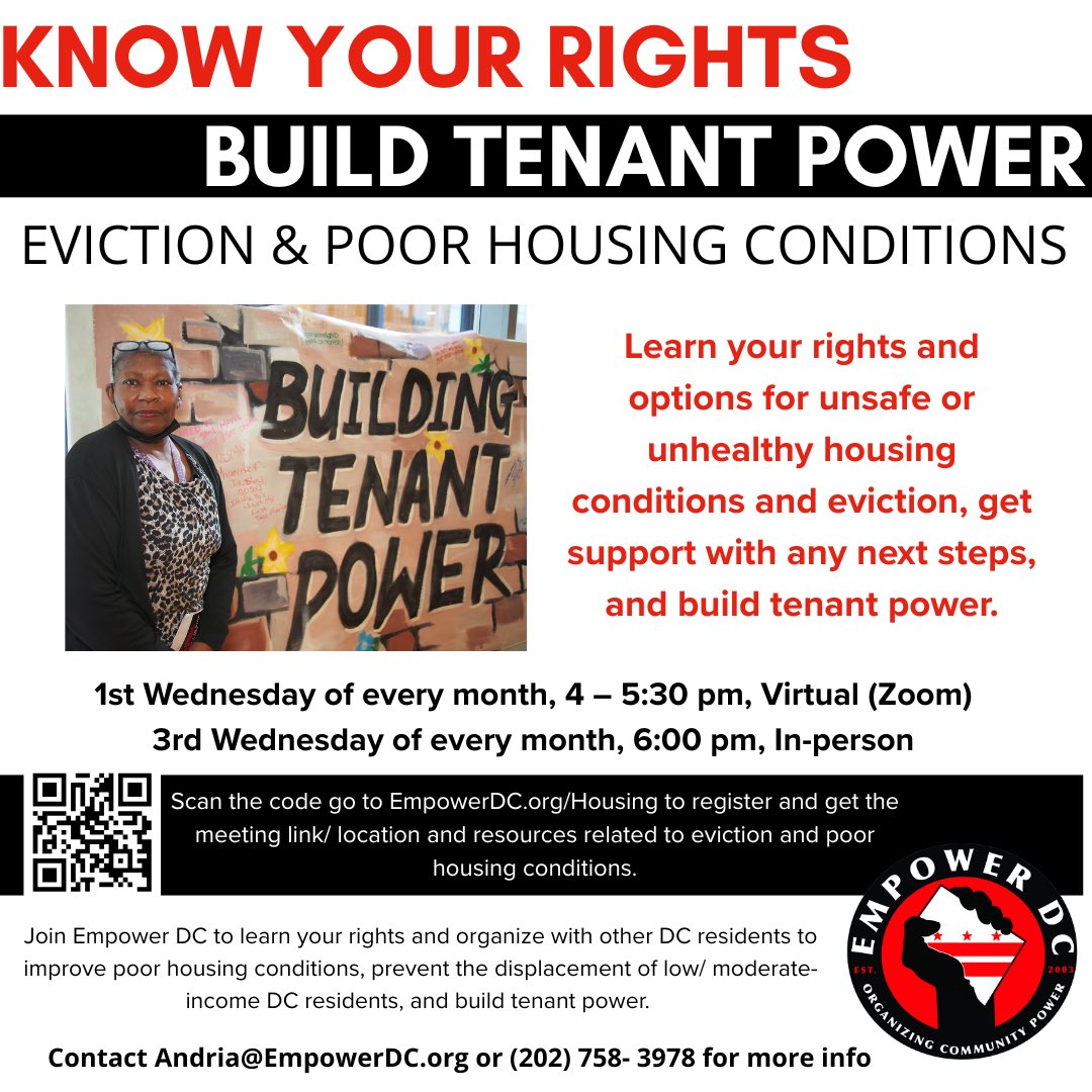 Join us to know your rights and build tenant power! We will have a virtual meeting May 7th at 4pm and an in-person meeting on May 21st at 6pm at the Anacostia Library. RSVP at empowerdc.org/events