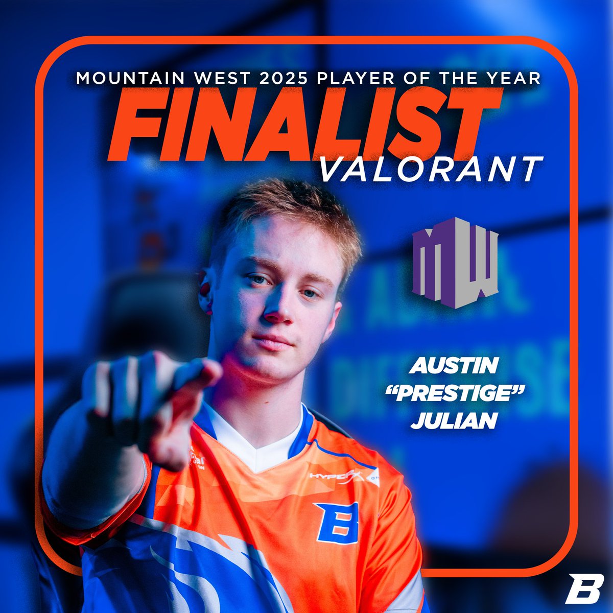 BoiseStEsports's tweet image. Congratulations to Austin "@prestigeVL
" Julian for being a finalist for the Mountain West 2025 Valorant Player of the year award!