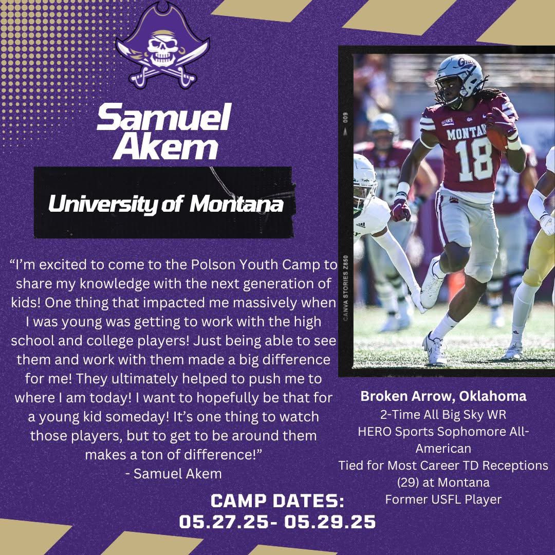 We got our first special guest for our Youth Camp. Former All-American at the University of Montana WR <a href="/s_akem18/">Samuel Akem</a> is joining us this year! We are excited to have Samuel coming to Polson this year!!

Please sign up using the link below:
forms.gle/znxNKhngHiK675…