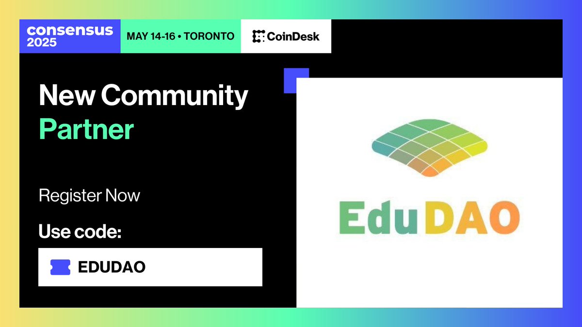 EduDAO (@edu_dao) on Twitter photo We are so excited for Consensus Toronto coming up this May 🚀 don't forget to claim your tickets using our code to join our community!
<a href="/consensus2025/">#Consensus2025</a>
#ConsensusTO
go.coindesk.com/EDUDAO We are so excited for Consensus Toronto coming up this May 🚀 don't forget to claim your tickets using our code to join our community!
<a href="/consensus2025/">#Consensus2025</a>
#ConsensusTO
go.coindesk.com/EDUDAO