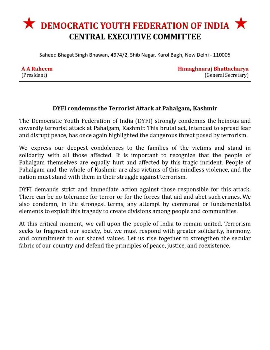 DYFI Condemns the Terrorist attack at Pahalgam, Kashmir 
<a href="/sirfangull/">Irfan Gull</a> <a href="/AARahimdyfi/">A A Rahim</a> <a href="/dyficec/">DYFI - CEC</a>