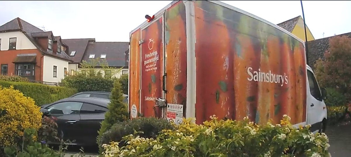 When the <a href="/sainsburys/">Sainsbury's</a> driver has no regard for your conifer...and just narrowly misses your parked car! 🙈😏 #deliverydriver #sainsburys #nearmiss