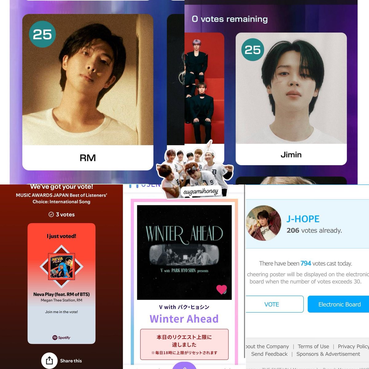 🚨 ARMY NO OLVIDEN DE VOTAR

— Neva Play ( 3 votos premium y 1 voto free)

🔗 open.spotify.com/playlist/37i9d…

—  Winter Ahead (hasta 24 veces)
🔗 usen.oshireq.com/song/6493667

— Sweet Dreams en FANN STAR (límite al día 1000 votos)
🔗 fannstar.tf.co.kr/rank/view/bmus…

— AMAS por Jimin y RM
(25 veces