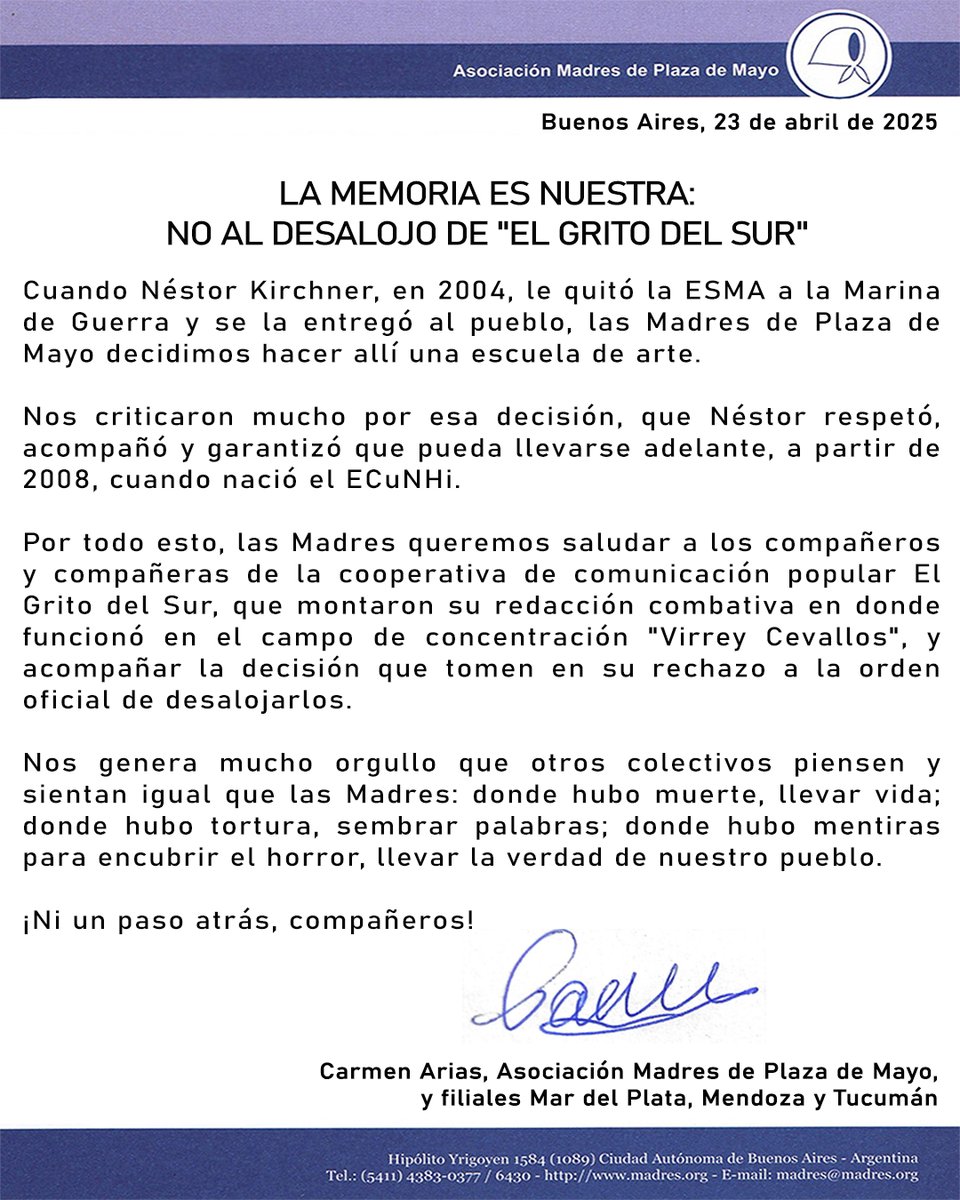 LA MEMORIA ES NUESTRA: 
NO AL DESALOJO DE "EL GRITO DEL SUR"