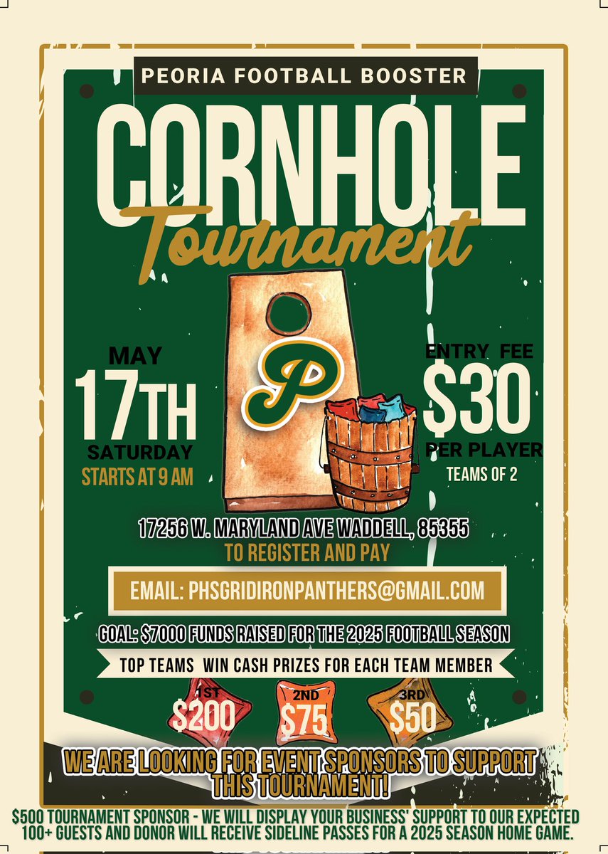 Peoria Panthers FB (@peoriapantherfb) on Twitter photo 🚨 Date Change
Peoria Football is hosting a Cornhole Tournament on Saturday, May 17th. It starts at 9 am. Come join us for some food, beverages and some friendly competition to help support our boys! @phsgridironpanthers@gmail.com 🚨 Date Change
Peoria Football is hosting a Cornhole Tournament on Saturday, May 17th. It starts at 9 am. Come join us for some food, beverages and some friendly competition to help support our boys! @phsgridironpanthers@gmail.com