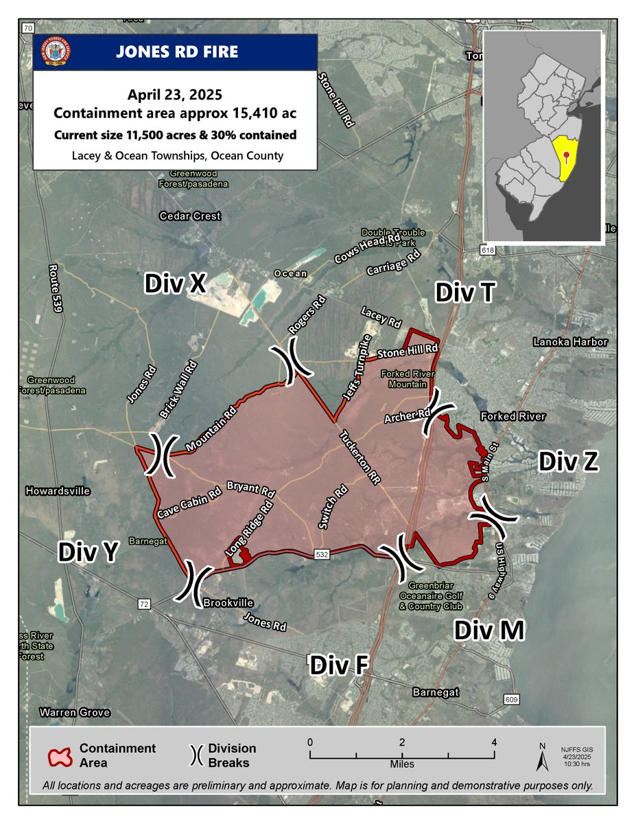 WILDFIRE UPDATE: Jones Road Wildfire - Ocean &amp; Lacey Townships, Ocean County

The New Jersey Forest Fire Service has released the attached map to outline the area of the Jones Road Wildfire to residents affected in Ocean &amp; Lacey Townships.