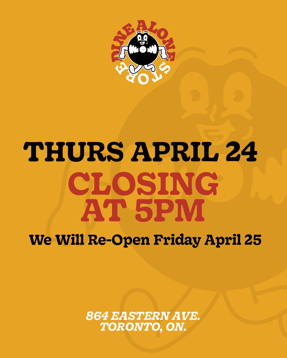 dinealonestore's tweet photo. We will be closing the store early tomorrow at 5 pm. Back to regular hours on Friday! https://t.co/NxeyzXsl9M