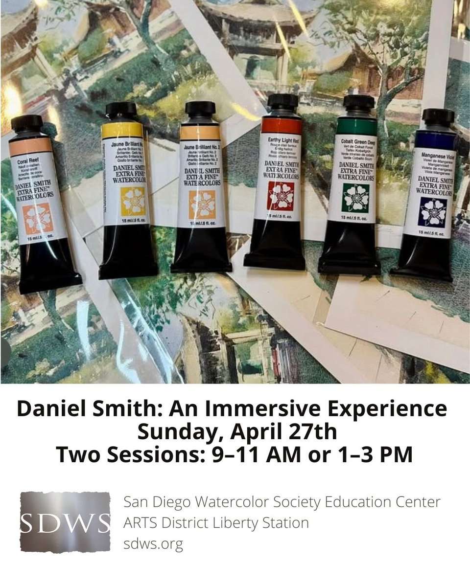 Daniel Smith: An Immersive Experience
Don’t miss this special event!
Sun 4/27, 2025
Two Sessions Available:
9:00–11:00 AM OR  1:00–3:00 PM
𝐉𝐮𝐬𝐭 $𝟐 𝐟𝐨𝐫 𝐌𝐞𝐦𝐛𝐞𝐫𝐬 + 𝐍𝐨𝐧-𝐌𝐞𝐦𝐛𝐞𝐫𝐬

Register here: sdws.org/workshopslist.…