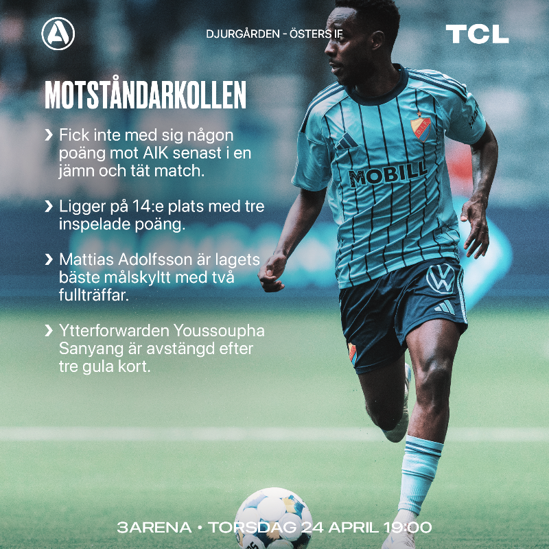 DIF_Fotboll's tweet photo. 🗞️ Ny hemmamatch väntar redan på torsdag när Djurgården jagar viktiga poäng mot gästande Öster på 3Arena