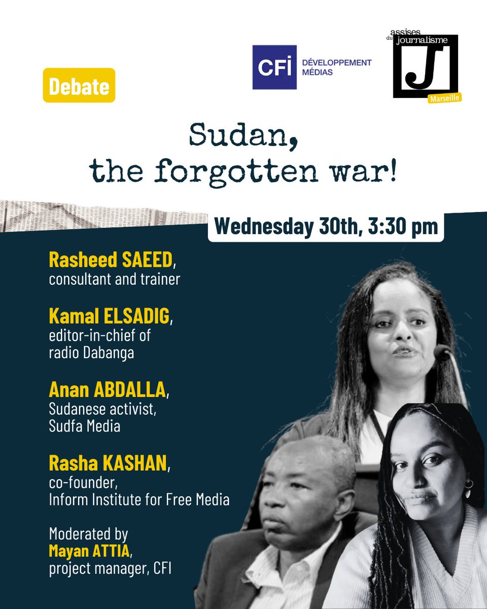 🎙️ Senegal, Lebanon: Senegal, Lebanon: what is the state of the media and journalism in these countries? What is the situation in war-torn Sudan?
👉 Join the discussions at the Palais du Pharo - Auditorium. Free registration required: journalisme.com/inscription-as…