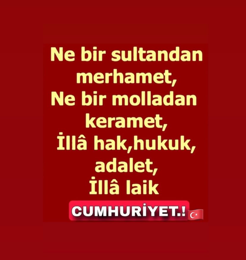 Çağdaş bir CUMHURİYET kurmak demek, milletin insanca yaşamasını bilmesi,insanca yaşamanın neye bağlı olduğunu öğrenmesi demektir.
Gazi Mustafa Kemal ATATÜRK 🇹🇷 
#YaşasınLaikCUMHURİYET
#EgemenlikKayıtsızŞartsızMilletindir ✌️
#23NisanUlusalEgemenlikveÇocukBayramı kutlu olsun 🇹🇷
2️⃣