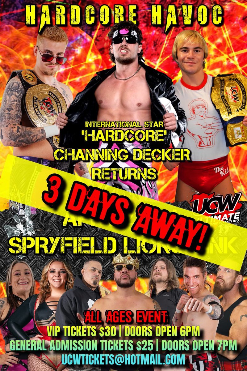 UCW PRO WRESTLING (@proucw) on Twitter photo THIS SATURDAY at the Spryfield Lions Rink 'Hardcore' Channing Decker returns after almost 3 years away!
We are now selling into the 3rd row, make sure to email ucwtickets@hotmail.com and get your tickets today!
#halifax #gomoosego #hfxtraffic #halifaxnoise #wweid THIS SATURDAY at the Spryfield Lions Rink 'Hardcore' Channing Decker returns after almost 3 years away!
We are now selling into the 3rd row, make sure to email ucwtickets@hotmail.com and get your tickets today!
#halifax #gomoosego #hfxtraffic #halifaxnoise #wweid