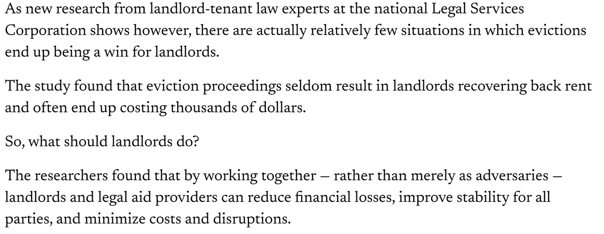 jayparsons's tweet photo. This research may be counterintuitive to some, but ~95% of "landlords" would tell you the same thing: Evictions are an expensive lose/lose situation.

Almost always better to work together to resolve unpaid rent.

But what academics and advocates never contemplate is fraud.

That's the bigger problem that rarely gets serious attention from headlines, academics or policymakers. Ranges from very sophisticated identity fraud (and never paying rent) packages purchased online all the way to (in certain cities where rent payment is essentially optional for long periods of time) simply choosing not to pay any rent because there's little incentivize to do so.

The vast majority of apartment/SFR owners and managers will gladly work with renters honestly willing to pay rent and willing to communicate about it and work toward a realistic plan. But you can't build a plan with someone ghosting you or someone pretending to be someone they're not or someone subletting the unit to someone else and not paying you for it.