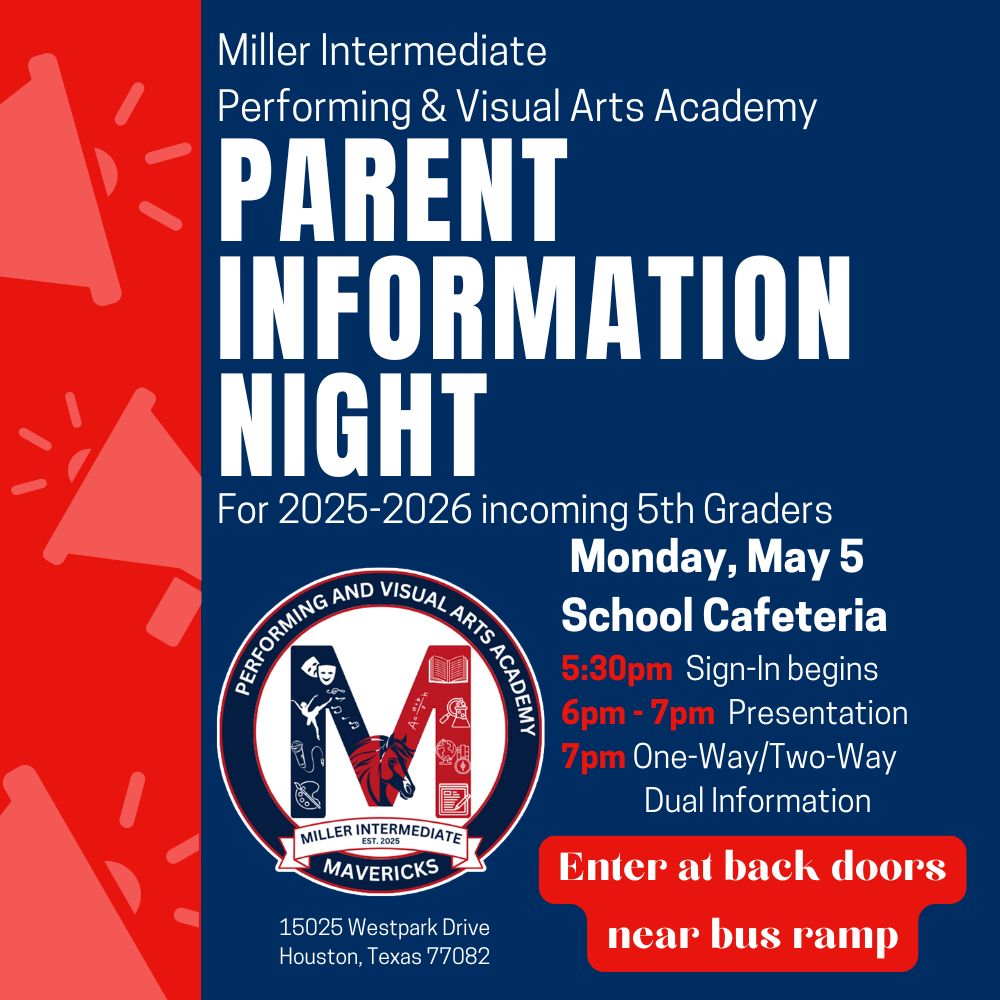 Miller Intermediate (@millermavsaisd) on Twitter photo We are excited to invite all parents of incoming 5th graders to Parent Information Night at Miller Int. Performing & Visual Arts Academy! Come learn about our strong academic values & the unique performing & visual arts programs we offer. We look forward to seeing you there! We are excited to invite all parents of incoming 5th graders to Parent Information Night at Miller Int. Performing & Visual Arts Academy! Come learn about our strong academic values & the unique performing & visual arts programs we offer. We look forward to seeing you there!