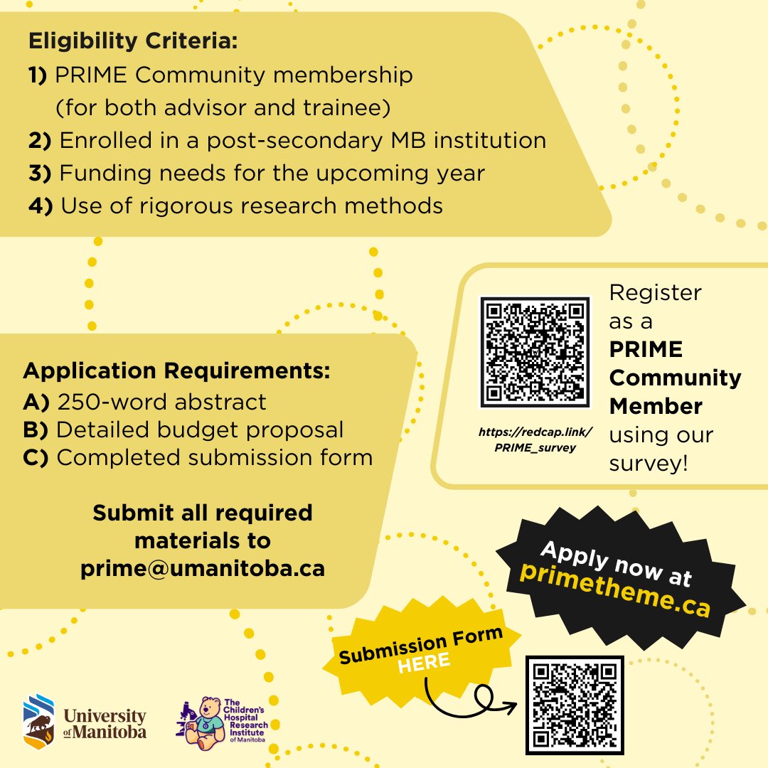 We’re excited to announce that applications are now open for our 2025 PRIME Trainee Awards! 🎉 For more information and to apply for the Trainee Award, please visit primetheme.ca 💛 And good luck!