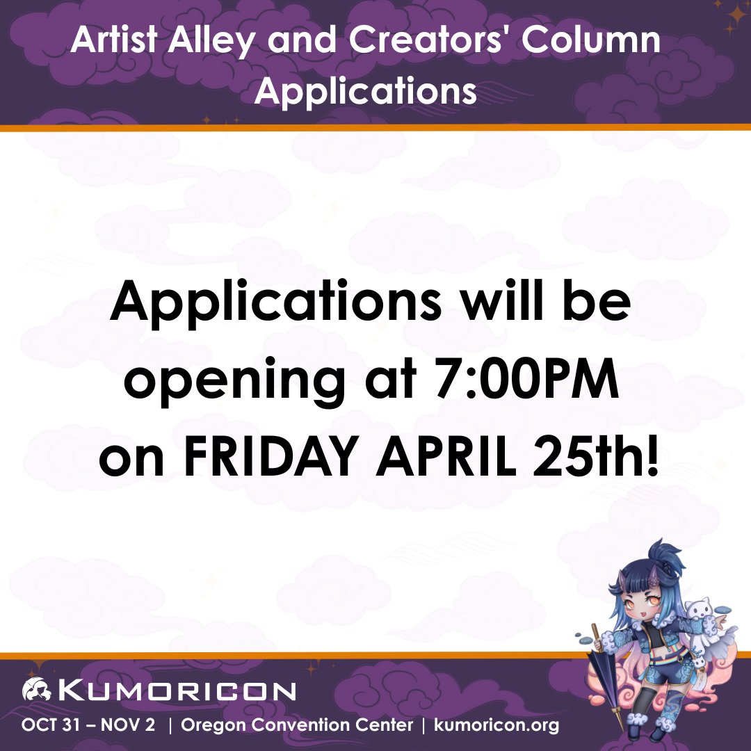 2025 Artist Alley and Creators' Column Applications will be opening at 7:00pm on FRIDAY, APRIL 25th!⁠ Artist Alley Applications will only be open until 8:30pm on the same date. Creators' Column (formerly Small Press) Applications will be open until 11:59pm on MAY 2nd.⁠