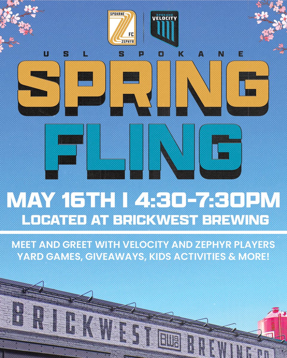 SpokaneVelocity's tweet image. Mark your calendars for MAY 16th for an exciting night at Brickwest Brewing! Come hangout with our Velocity and Zephyr players and enjoy games, giveaways, kids’ activities, and more! 😎

#SpokaneVelocityFC #SpokaneZephyrFC #SpringFling #LetsGoSpo