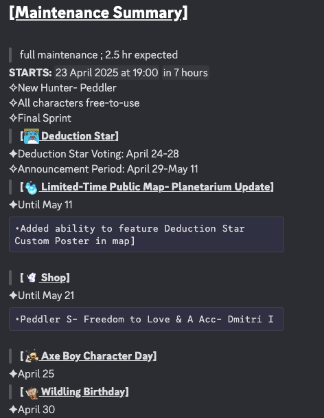 idvjp_tl's tweet photo. 【April 23 Maintenance Summary 】   
┗Begins 19:00 Server Time     
(copy paste below text into discord to see starting time in your time zone)      
<t:1745452800> <t:1745452800:R>
(character adjustments below )