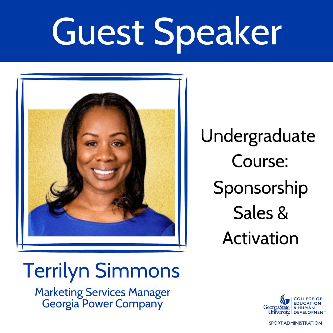 We would like to extend our gratitude to proud Georgia State Alum Terrilyn Simmons for joining Dr. Heiner's undergraduate Sponsorship Sales &amp; Activation class earlier this week! She shared her expertise from years of service with Georgia Power Company #GSUSportAdmin