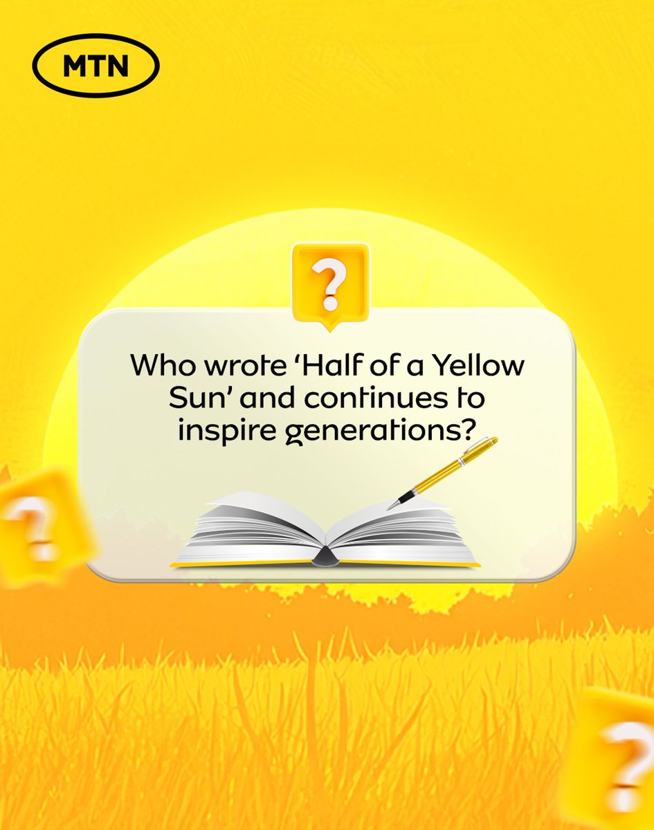 MTNNG's tweet photo. A literary queen who painted history with her words! Can you guess the icon behind βHalf of a Yellow Sunβ?
Drop your answer below, and letβs celebrate greatness together!
#MakingADifferenceWithMTN
#MTNTrivia https://t.co/xFCbf9Jlg9