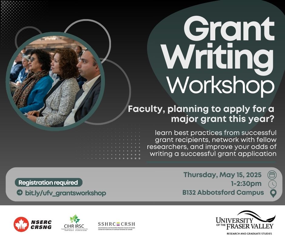 📅MAY 15 | UFV Faculty members - are you planning to apply for a major grant this year (CIHR, NSERC or SSHRC)? Learn best practices from successful grant recipients to improve your odds of writing a successful grant application. Registration required:  
👉bit.ly/ufv_grantswork…