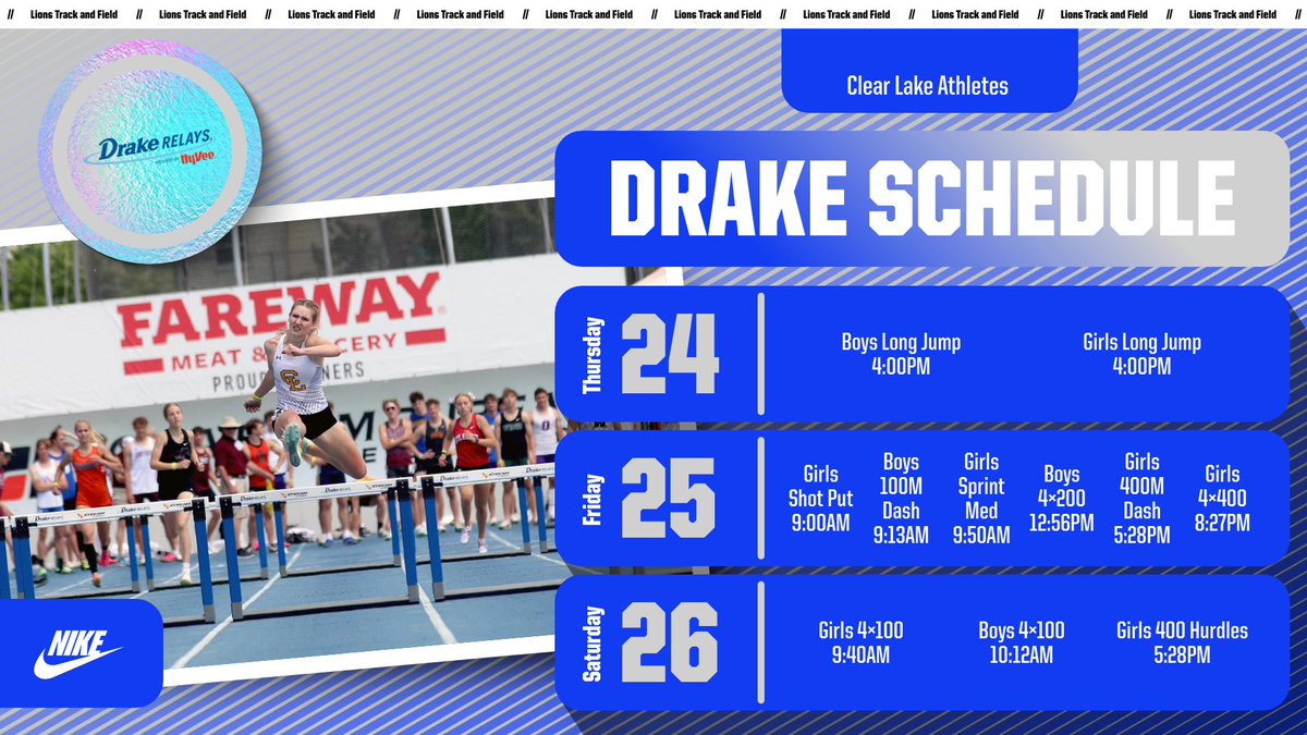 Clear Lake is proud to have 16 of our student-athletes competing at the Drake Relays.

We qualified in 11 total events, setting a new school record!

Huge congratulations to all of our runners and teams.  Let's go, Lions! 🦁