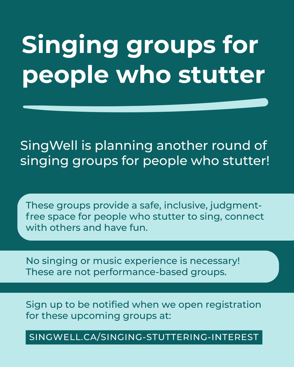 SingWell is planning another round of singing groups for people who stutter! 

These groups are a safe space for people who stutter to sing, connect with others &amp; have fun. All voices welcome!

Sign up to be notified when we open registration:
singwell.ca/singing-stutte…

#stuttering