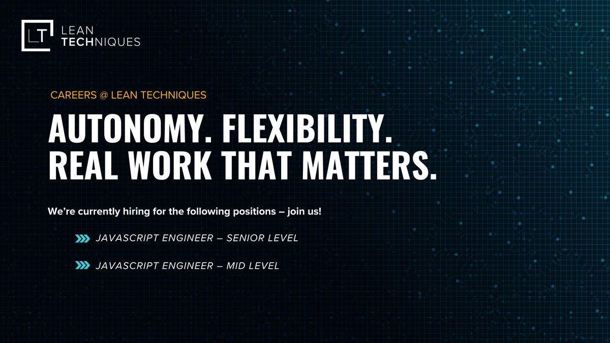 We’re on a mission to make technology a competitive advantage within every organization — and we need your help! Lean TECHniques is currently hiring engineers with React and Node experience.

Check out our openings here 👉 hubs.li/Q03jxK410
