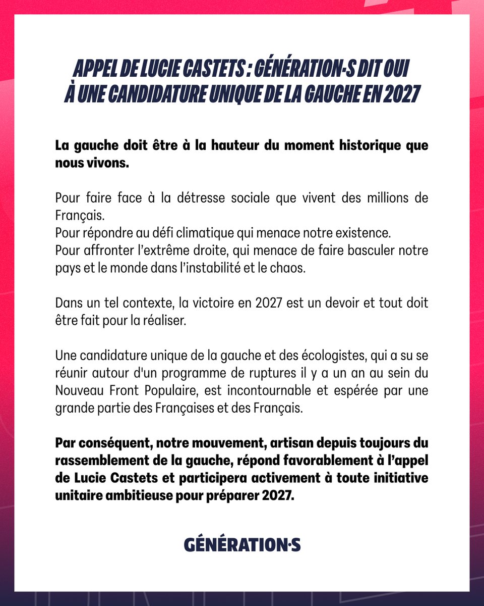 GenerationsMvt's tweet photo. Appel de Lucie Castets : Génération·s dit oui à une candidature unique de la gauche en 2027.

Artisan depuis toujours du rassemblement, nous participerons activement à toute initiative unitaire ambitieuse.

La victoire est un devoir et tout doit être fait pour la réaliser. https://t.co/NNLf1vZ3E0