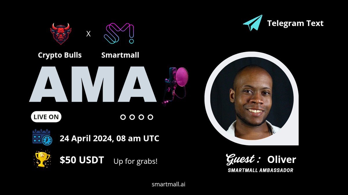 Crypto Bulls Community (@cryptobullscom) on Twitter photo 🚨 #AMA ALERT 🚨
📢 Join us for an exciting #AMA with <a href="/SmartMall_ai/">Smart Mall</a>
Telegram Text AMA
📅 Date: 24 April 2025
🕛 Time: 08 : 00 AM UTC
💰 Reward: $50 USDT
Venue : t.me/CryptoBulls_Co…
1⃣ Follow <a href="/CryptoBullsCom/">Crypto Bulls Community</a> & <a href="/SmartMall_ai/">Smart Mall</a>
2⃣ Like & RT Comment
#NFA #DYOR #smartmall 🚨 #AMA ALERT 🚨
📢 Join us for an exciting #AMA with <a href="/SmartMall_ai/">Smart Mall</a>
Telegram Text AMA
📅 Date: 24 April 2025
🕛 Time: 08 : 00 AM UTC
💰 Reward: $50 USDT
Venue : t.me/CryptoBulls_Co…
1⃣ Follow <a href="/CryptoBullsCom/">Crypto Bulls Community</a> & <a href="/SmartMall_ai/">Smart Mall</a>
2⃣ Like & RT Comment
#NFA #DYOR #smartmall