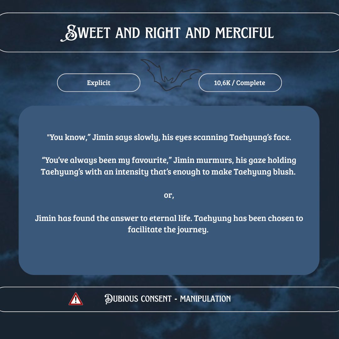 ₊˚⋆☪︎Sweet and right and merciful ⋆˚₊

• Explicit.
• 10,6K / complete.
• Dubious consent - manipulation 

💙: archiveofourown.org/works/64608319