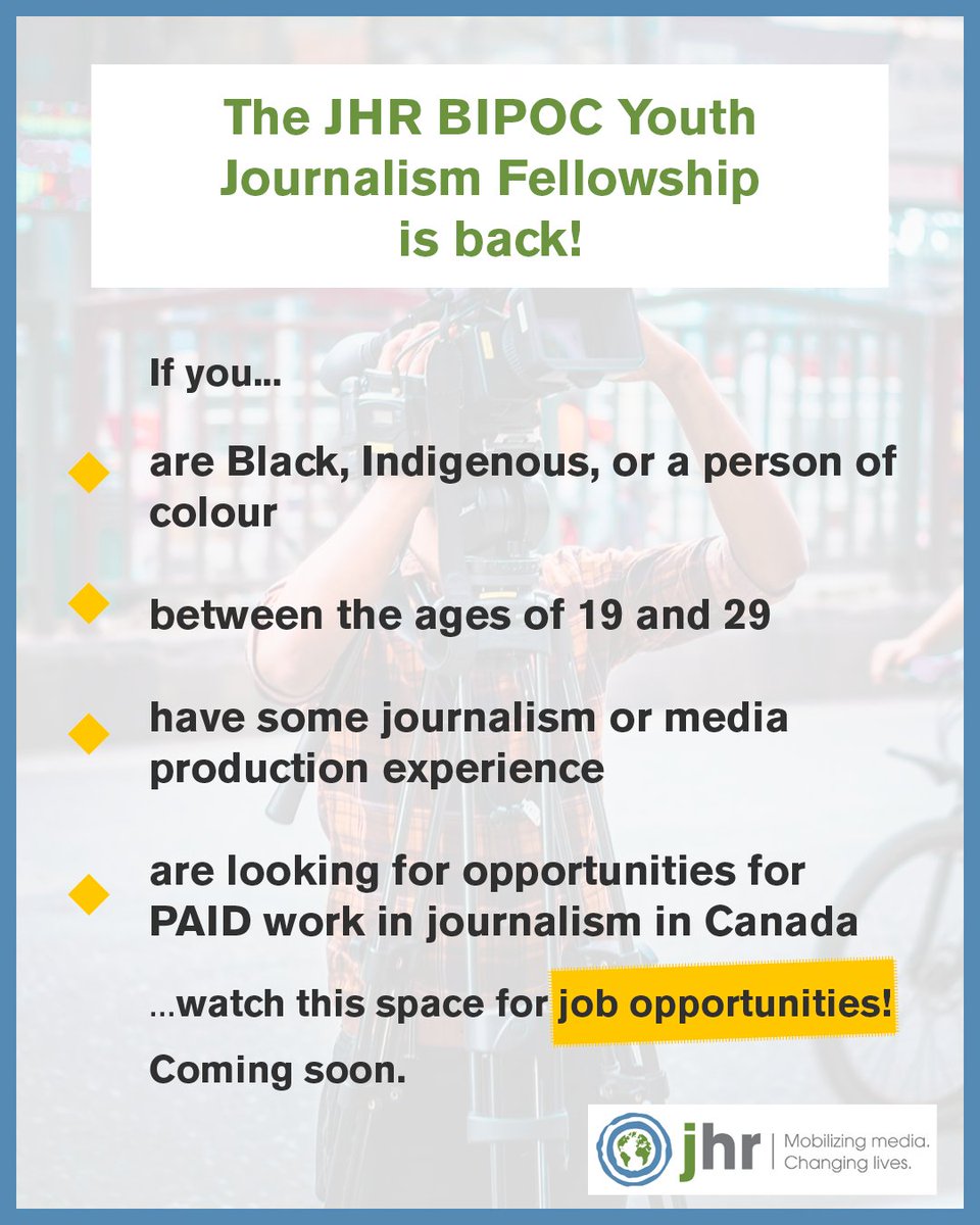 Exciting news: JHR's BIPOC Youth Journalism Training Fellowship is returning for another year! Funded by <a href="/CdnHeritage/">Canadian Heritage</a> and <a href="/RBC/">RBC</a>, the program provides work placements and mentorship to early-career racialized reporters. Stay tuned for job postings, and read more here:
