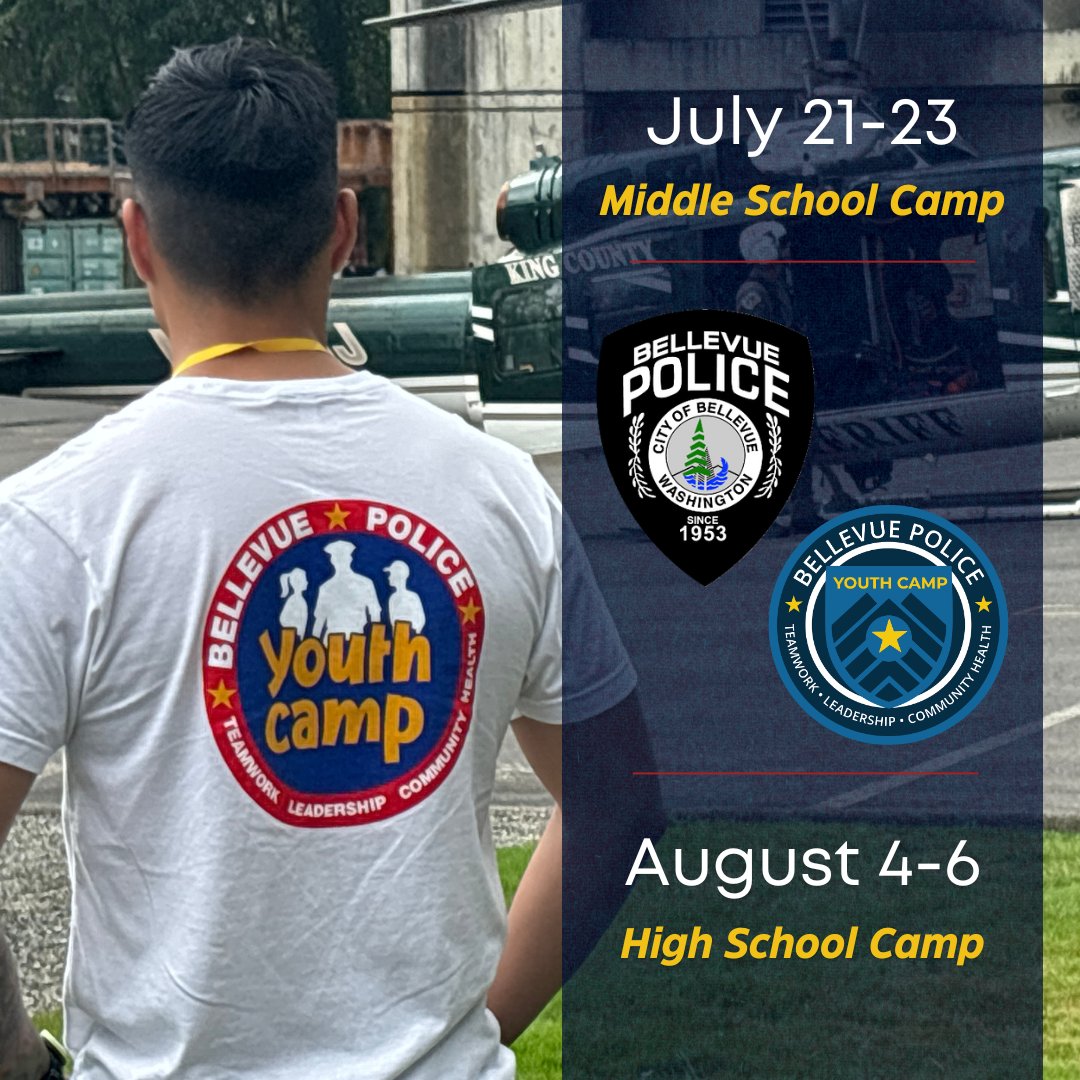 Do not forget: Now is your chance to register your student for Bellevue Police's Summer Youth Camp. 

The middle school camp is July 21-23 and high school is August 4-6. Deadline to register is May 15. 

Click here to sign up: bellevuewa.gov/city-governmen…