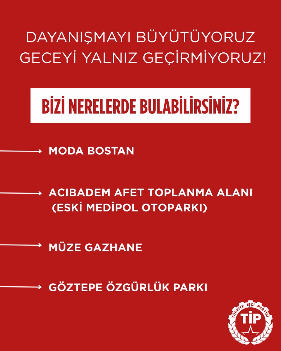 tip_kadikoy's tweet image. Dayanışmayı büyütüyoruz, bu geceyi yalnız geçirmiyoruz. ✌️

Bizi nerelerde bulabilirsiniz?  🙌

Moda Bostan
Acıbadem Afet toplanma alanı(eski medipol otoparkı)
Gazhane
Özgürlük Parkı