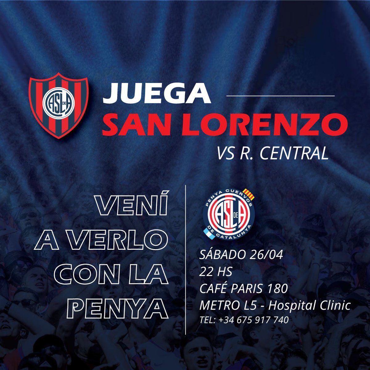 Partidazo contra el Canalla para terminar lo más arriba posible, te esperamos en nuestro bar!

Si estás de paso o conoces a algun cuervo/a por Barcelona, no dudes en decirle que venga a ver el partido con la Penya 💙❤️

#Deboedoalmundo🌎
#Masque90min💙❤️
#PeñasEuropeas🇪🇺