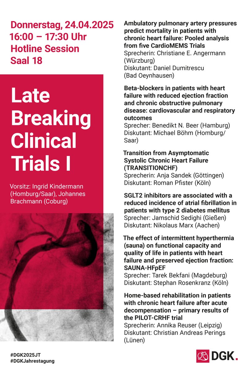 Djawid Hashemi (@djawidhashemi) on Twitter photo Heute um 16:00 Uhr starten die #LateBreakingClinicalTrials.
Von #CardioMEMS bis Beta-Blocker bei COPD + HFrEF – das Programm ist breit und relevant.
Saal 18. Ich bin gespannt auf die Diskussion.
<a href="/DGK_org/">Deutsche Gesellschaft fĂĽr Kardiologie</a> <a href="/JBauersachsMD/">Johann Bauersachs</a> #Herzinsuffizienz #DGK2025JT Heute um 16:00 Uhr starten die #LateBreakingClinicalTrials.
Von #CardioMEMS bis Beta-Blocker bei COPD + HFrEF – das Programm ist breit und relevant.
Saal 18. Ich bin gespannt auf die Diskussion.
<a href="/DGK_org/">Deutsche Gesellschaft fĂĽr Kardiologie</a> <a href="/JBauersachsMD/">Johann Bauersachs</a> #Herzinsuffizienz #DGK2025JT