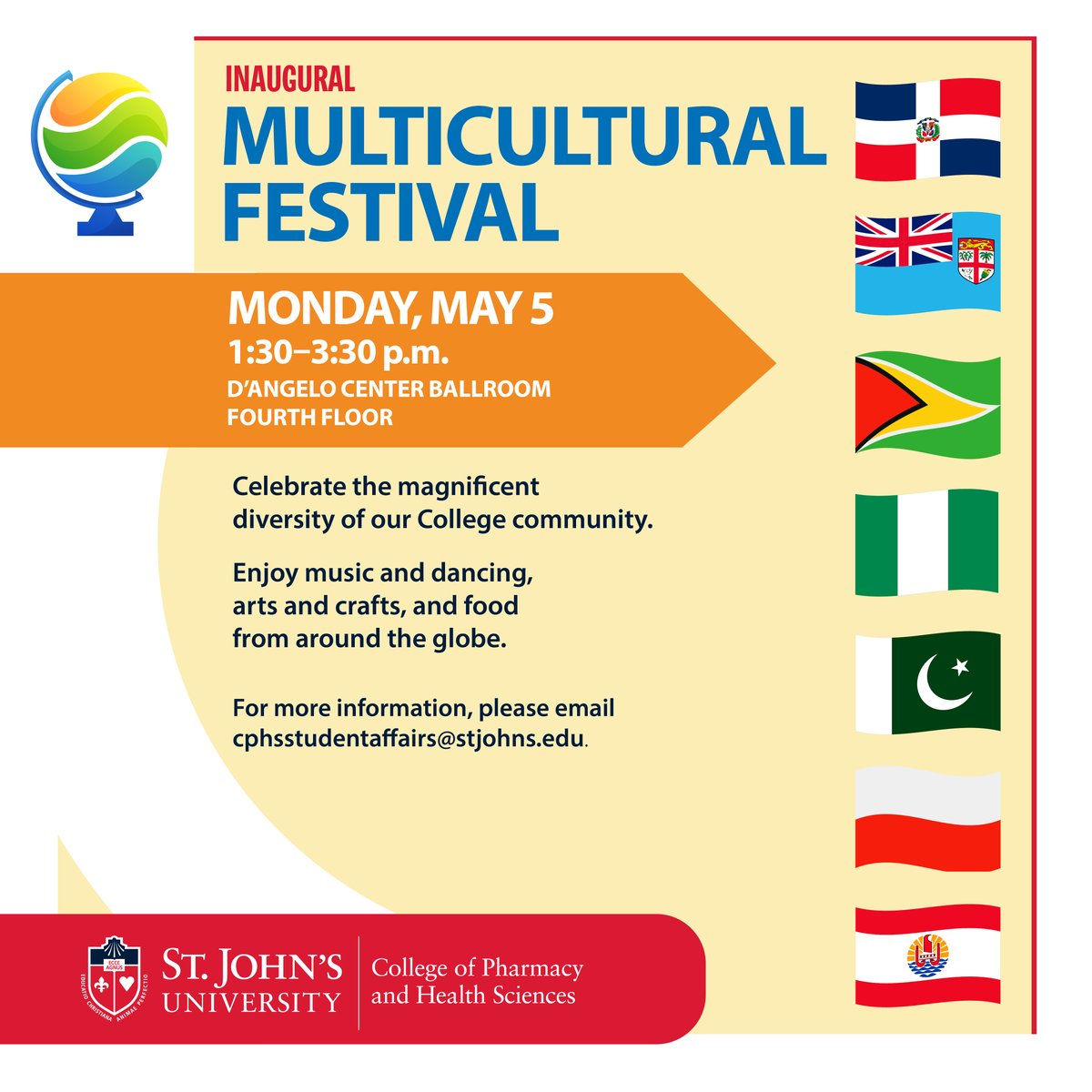 📅 Save the Date: CPHS Community join us on May 5th for the inaugural Multicultural Festival from 1:30-3:30pm in D'Angelo Center Ballroom. 🌎🥘💃🎨
