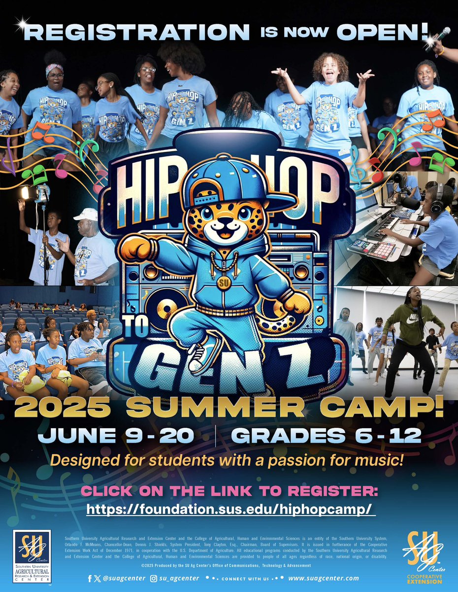 suagcenter's tweet photo. #SAVETHEDATE The Hip Hop to Gen Z Summer Camp is BACK for 2025! June 9–20 | Grades 6–12

If you’ve got a passion for music, beats, and creativity—this is YOUR time to shine!

Stay tuned for registration info. 

#SUAg #HipHopGenZ #SummerCamp #excellenceinextension https://t.co/xj3yOk7U2l