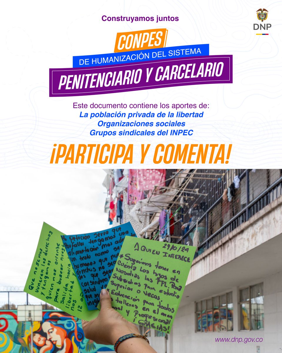 DNP_Colombia's tweet photo. ¡Juntos construimos el CONPES de Humanización del Sistema Penitenciario y Carcelario! 🫱🏾‍🫲🏽

Desde el #DNP y @MinJusticia invitamos a los colombianos y colombianas a hacer parte de este proceso de elaboración de la política pública que permitirá mejorar las condiciones de vida de la población privada de la libertad y sus familias, así como avanzar en los derechos laborales de la guardia. 

Tus comentarios y aportes son un insumo clave en la construcción de este documento. Ingresa aquí ➡️: https://t.co/N4OMhWuWHo