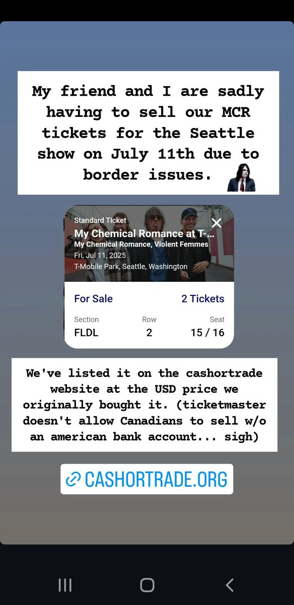 MissyMisfire's tweet photo. Hey guys..Idk who of #mcrtwt is still here bt I need help. Due to border issues my friend &amp; I (🇨🇦) can't see #MCRSeattle.

We spent like a months rent on it 😬

Hoping to get close to face value tho we know its a WILD amount. TM won't let Canadian accounts sell on their platform. https://t.co/pRDgSopJXh