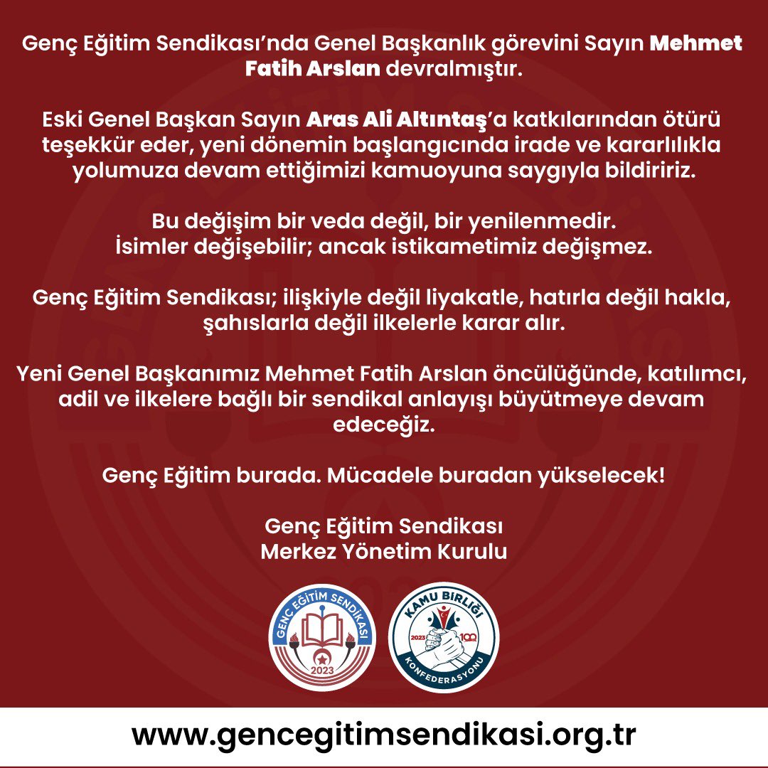 Genç Eğitim Sendikası; ilişkiyle değil liyakatle, şahıslarla değil ilkelerle karar alır.

Yeni Genel Başkanımız Mehmet Fatih Arslan öncülüğünde, katılımcı, adil ve ilkelere bağlı bir sendikal anlayışı büyütmeye devam edeceğiz.

Genç Eğitim burada. Mücadele buradan yükselecek!