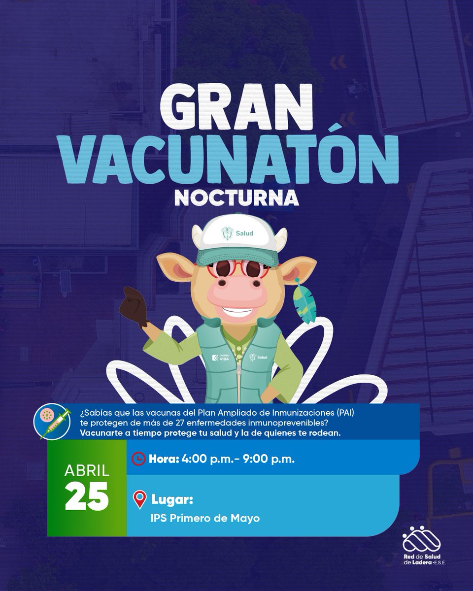 ¡La salud no tiene horario, y este viernes es tu oportunidad!

El viernes 🗓25 de abril te esperamos en la Gran Vacunatón Nocturna para que tú y tu familia se pongan al día con TODAS las vacunas del Programa Ampliado de Inmunizaciones (PAI).🏥💉