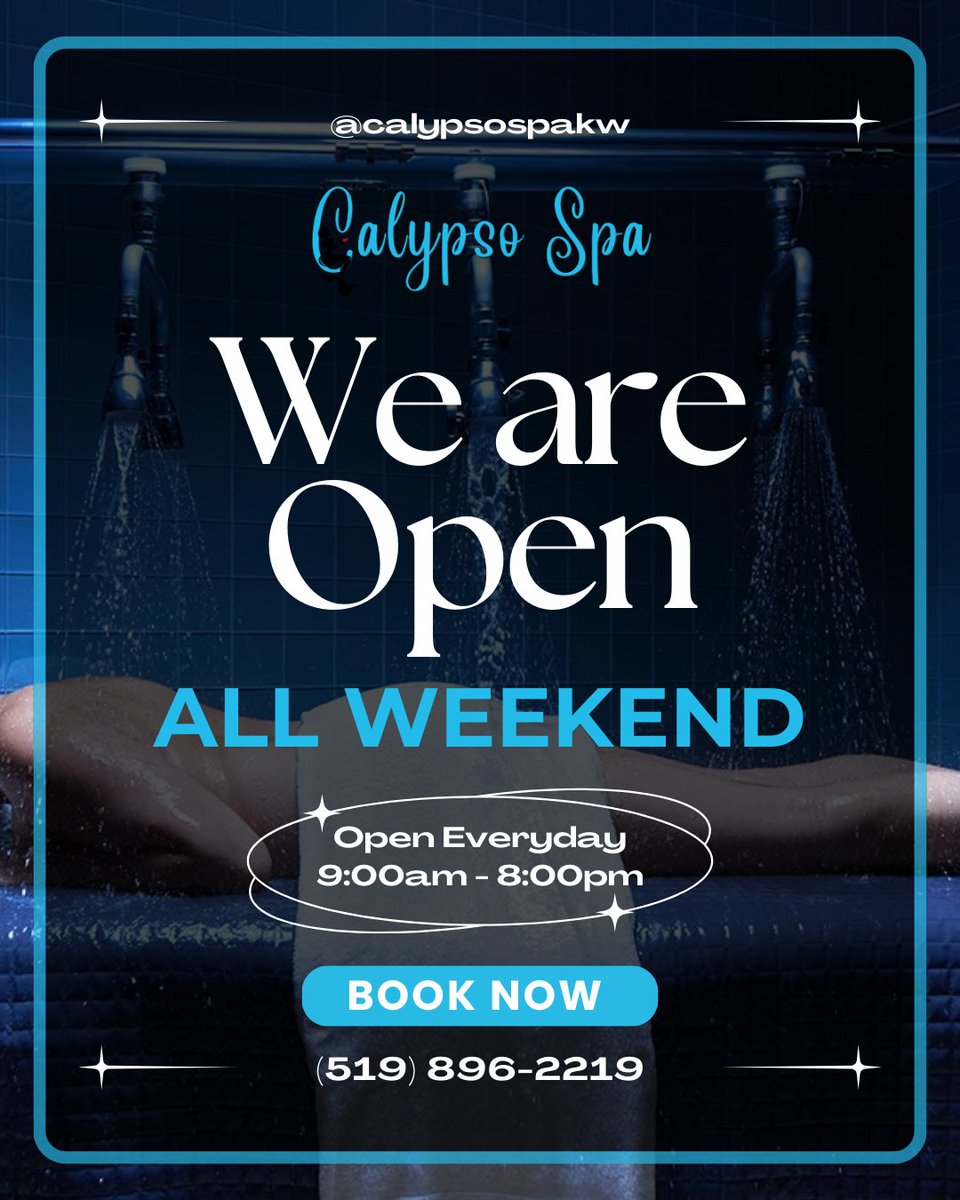 calypsospakw's tweet image. We’re here all weekend, because luxury doesn’t take days off. 💧
Come unwind at Calypso Spa — open every day from 9am to 8pm.

📞 Call (519) 896-2219 to book your weekend reset.

#CalypsoSpaKW #OpenAllWeekend #MensSpaDay #LuxuryTherapy #KitchenerSpa #WeekendRelaxation