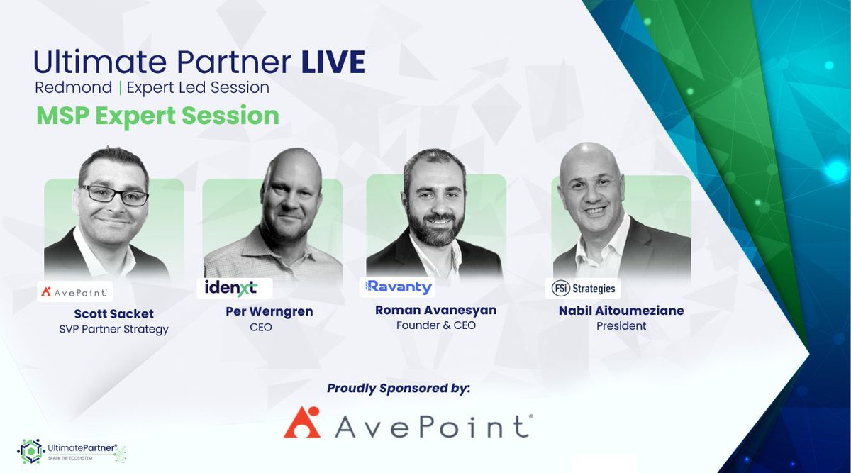 AvePoint's tweet photo. We're excited to have our Chief Brand Officer Dux Raymond Sy and SVP of Partner Strategy Scott Sacket representing AvePoint at next week's Ultimate Partner Live! 🙌
We're looking forward to another great event hosted by Vince Menzione and #UltimatePartner!
#MSP #AvePoint
