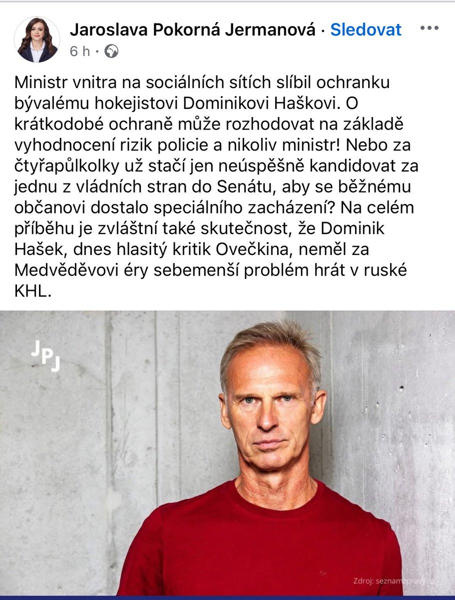 Jsem přesvědčená, že daňoví poplatníci raději zaplatí ochranku hokejové legendě, která se nebojí veřejně ozvat proti odporné ruské agresi na Ukrajině, než soukromé výlety krajským Superbem manžela paní Jermanové.