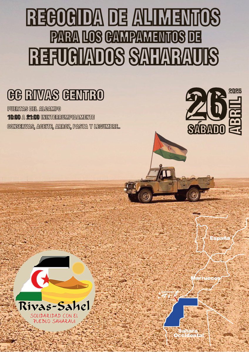 Este sábado 26 de abril te esperamos en el CC Rivas Centro (puertas del Alcampo) para la recogida de alimentos destinados a los campamentos de refugiados saharauis.
Horario: de 10:00 a 21:00. 
Puedes colaborar trayendo comida no perecedera. 

¡Comparte, participa y colabora!🇪🇭