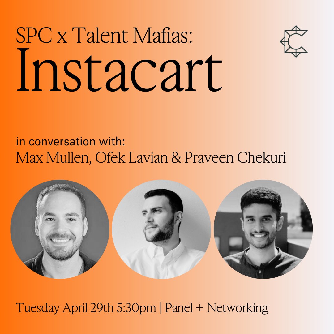 Finn Meeks (@finn_meeks) on Twitter photo You’re more likely to build something great when you’re surrounded by talented people.
I’ll be moderating our next Talent Mafias event <a href="/southpkcommons/">South Park Commons</a> on 4/29, featuring <a href="/Instacart/">Instacart</a>! Hear from co-founder <a href="/Max/">Max Mullen</a> & alumni turned founders ​Praveen Chekuri & <a href="/OfekLavian/">Ofek Lavian</a>. Link below: You’re more likely to build something great when you’re surrounded by talented people.
I’ll be moderating our next Talent Mafias event <a href="/southpkcommons/">South Park Commons</a> on 4/29, featuring <a href="/Instacart/">Instacart</a>! Hear from co-founder <a href="/Max/">Max Mullen</a> & alumni turned founders ​Praveen Chekuri & <a href="/OfekLavian/">Ofek Lavian</a>. Link below: